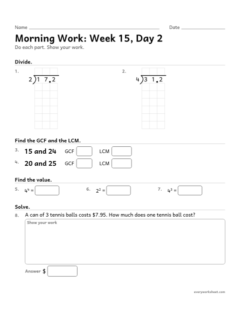 Preview of the printable “Morning Work: week 15, day 2” worksheet: mixed 5th grade math review