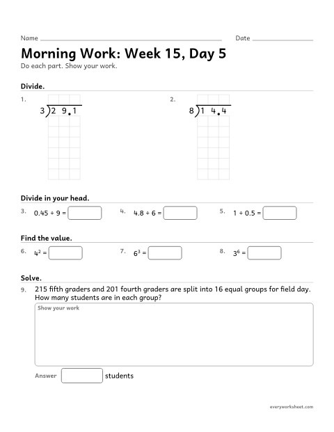 Preview of the printable “Morning Work: week 15, day 5” worksheet: mixed 5th grade math review