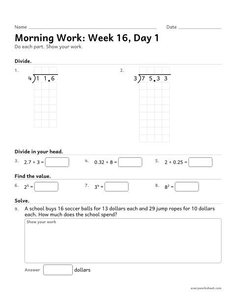 Preview of the printable “Morning Work: week 16, day 1” worksheet: mixed 5th grade math review