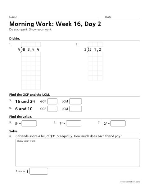 Preview of the printable “Morning Work: week 16, day 2” worksheet: mixed 5th grade math review