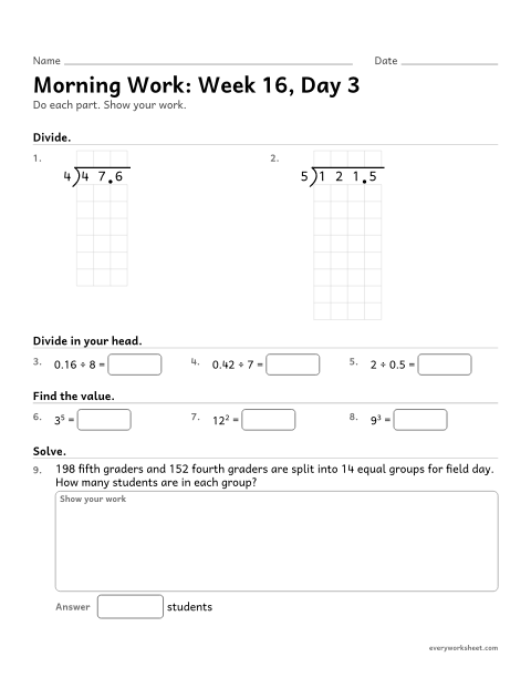 Preview of the printable “Morning Work: week 16, day 3” worksheet: mixed 5th grade math review
