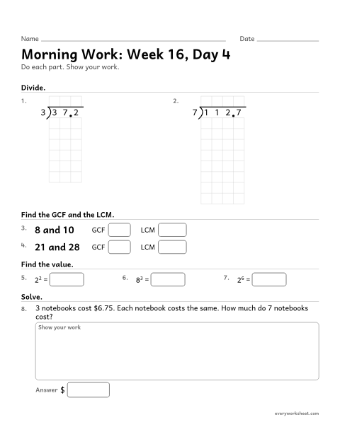 Preview of the printable “Morning Work: week 16, day 4” worksheet: mixed 5th grade math review
