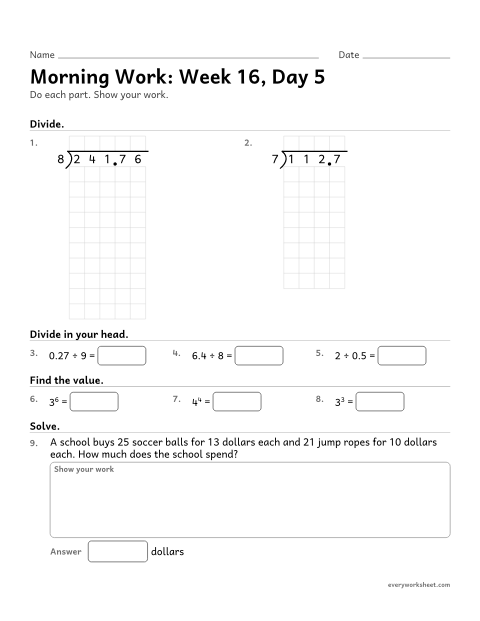 Preview of the printable “Morning Work: week 16, day 5” worksheet: mixed 5th grade math review