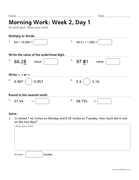 Preview of the printable “Morning Work: week 2, day 1” worksheet: mixed 5th grade math review