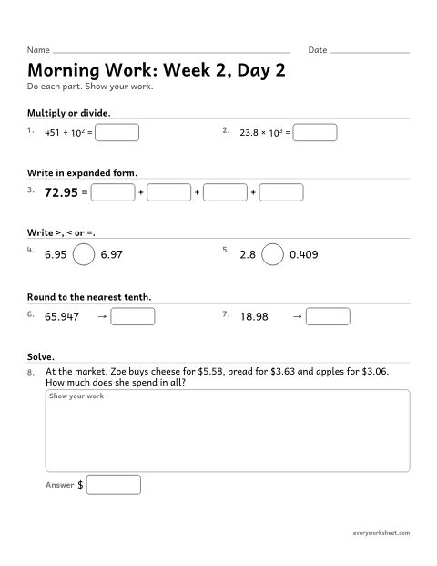 Preview of the printable “Morning Work: week 2, day 2” worksheet: mixed 5th grade math review