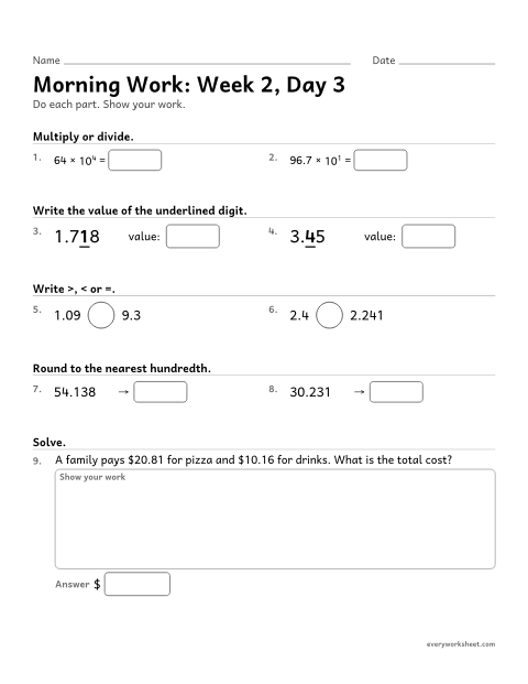 Preview of the printable “Morning Work: week 2, day 3” worksheet: mixed 5th grade math review