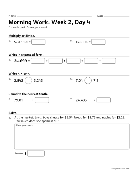 Preview of the printable “Morning Work: week 2, day 4” worksheet: mixed 5th grade math review