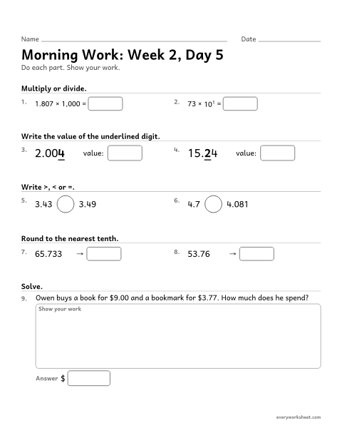 Preview of the printable “Morning Work: week 2, day 5” worksheet: mixed 5th grade math review