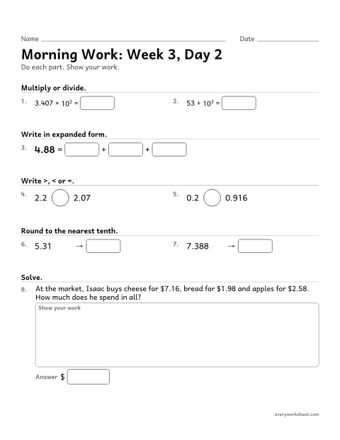 Preview of the printable “Morning Work: week 3, day 2” worksheet: mixed 5th grade math review