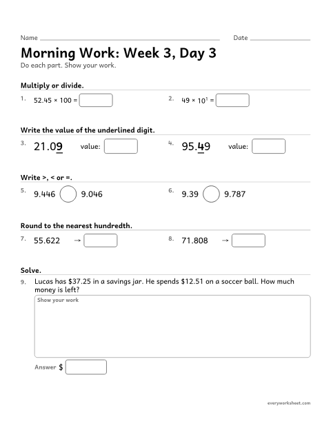 Preview of the printable “Morning Work: week 3, day 3” worksheet: mixed 5th grade math review