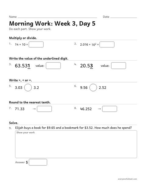 Preview of the printable “Morning Work: week 3, day 5” worksheet: mixed 5th grade math review