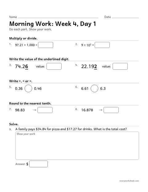 Preview of the printable “Morning Work: week 4, day 1” worksheet: mixed 5th grade math review