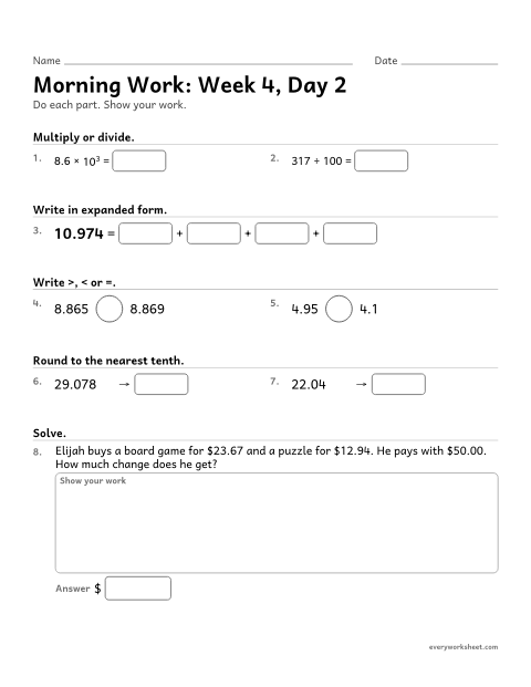 Preview of the printable “Morning Work: week 4, day 2” worksheet: mixed 5th grade math review