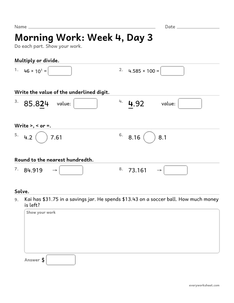 Preview of the printable “Morning Work: week 4, day 3” worksheet: mixed 5th grade math review