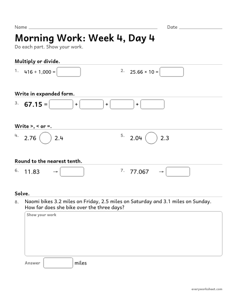 Preview of the printable “Morning Work: week 4, day 4” worksheet: mixed 5th grade math review