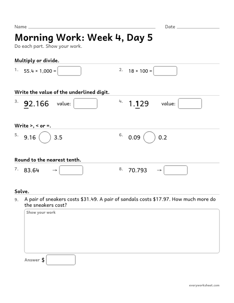 Preview of the printable “Morning Work: week 4, day 5” worksheet: mixed 5th grade math review