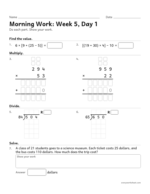 Preview of the printable “Morning Work: week 5, day 1” worksheet: mixed 5th grade math review