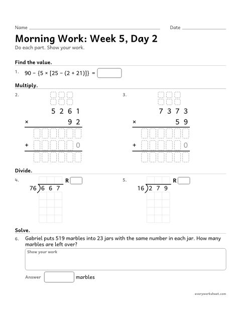 Preview of the printable “Morning Work: week 5, day 2” worksheet: mixed 5th grade math review