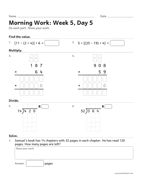 Preview of the printable “Morning Work: week 5, day 5” worksheet: mixed 5th grade math review