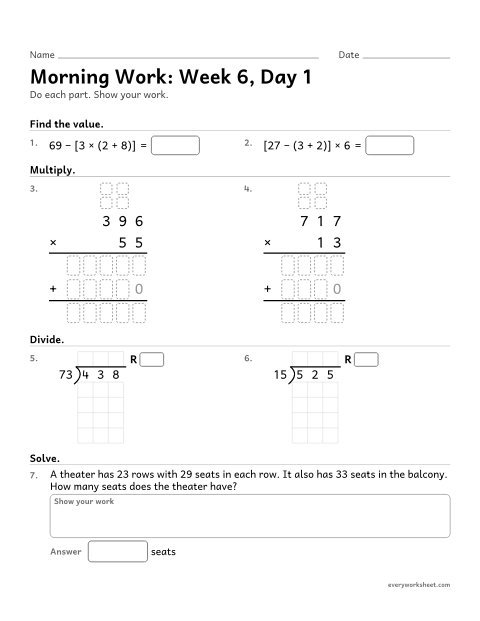 Preview of the printable “Morning Work: week 6, day 1” worksheet: mixed 5th grade math review