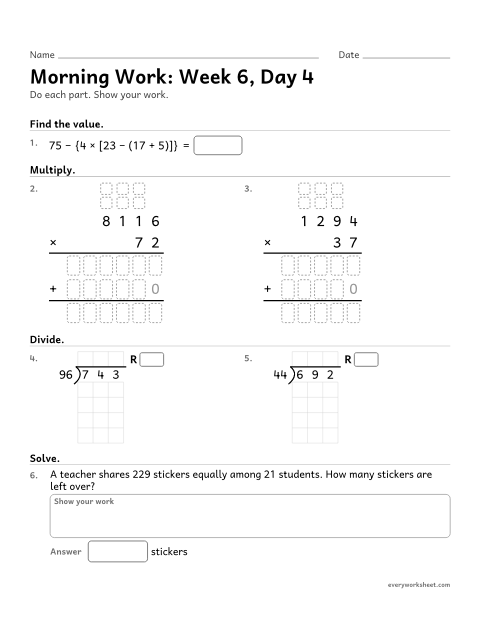 Preview of the printable “Morning Work: week 6, day 4” worksheet: mixed 5th grade math review