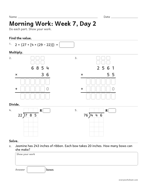 Preview of the printable “Morning Work: week 7, day 2” worksheet: mixed 5th grade math review