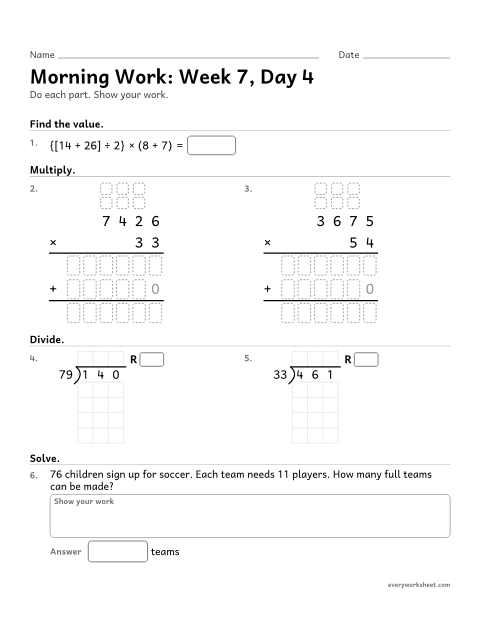 Preview of the printable “Morning Work: week 7, day 4” worksheet: mixed 5th grade math review