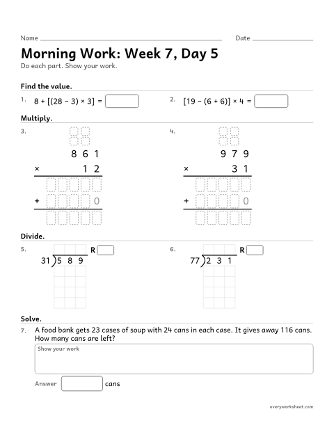 Preview of the printable “Morning Work: week 7, day 5” worksheet: mixed 5th grade math review