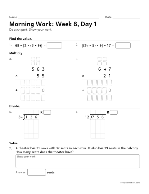 Preview of the printable “Morning Work: week 8, day 1” worksheet: mixed 5th grade math review