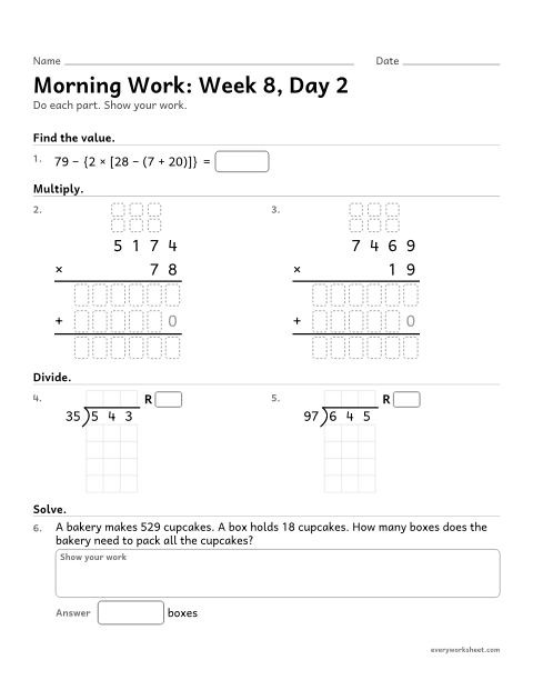 Preview of the printable “Morning Work: week 8, day 2” worksheet: mixed 5th grade math review
