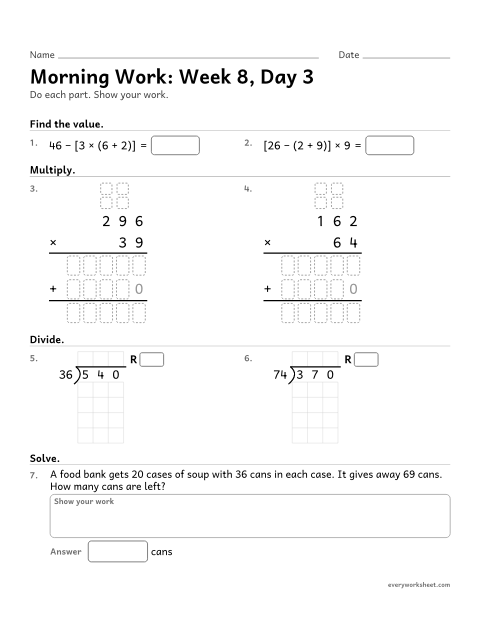 Preview of the printable “Morning Work: week 8, day 3” worksheet: mixed 5th grade math review