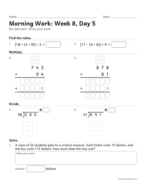 Preview of the printable “Morning Work: week 8, day 5” worksheet: mixed 5th grade math review