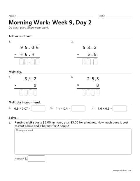 Preview of the printable “Morning Work: week 9, day 2” worksheet: mixed 5th grade math review
