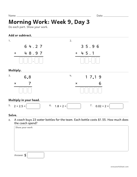 Preview of the printable “Morning Work: week 9, day 3” worksheet: mixed 5th grade math review