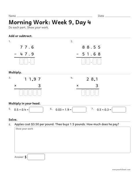 Preview of the printable “Morning Work: week 9, day 4” worksheet: mixed 5th grade math review