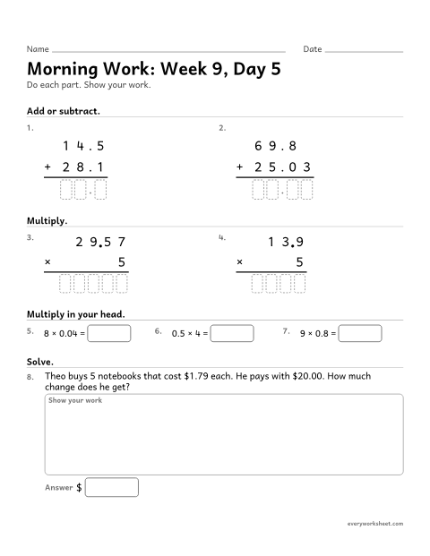 Preview of the printable “Morning Work: week 9, day 5” worksheet: mixed 5th grade math review