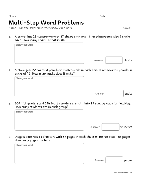 Preview of the printable “Multi-Step word Problems, sheet C” worksheet: solving multi-step word problems with whole numbers