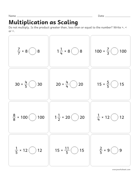 Preview of the printable “Multiplication as scaling” worksheet: deciding without multiplying whether a product is greater than, less than or equal to a number, from the size of the fraction