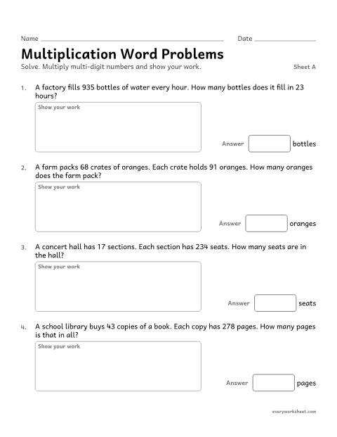 Preview of the printable “Multiplication word Problems, sheet A” worksheet: solving multi-digit multiplication word problems