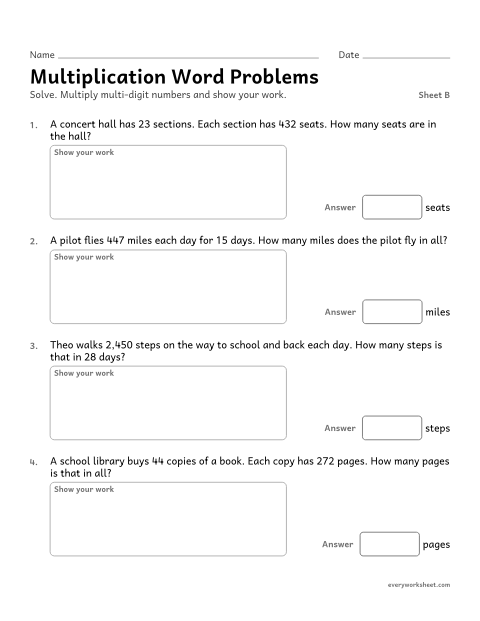 Preview of the printable “Multiplication word Problems, sheet B” worksheet: solving multi-digit multiplication word problems