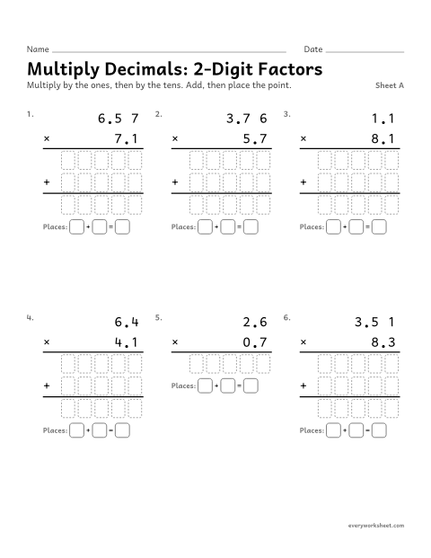 Preview of the printable “Multiply Decimals: 2-Digit Factors, sheet A” worksheet: multiplying decimals with 2-digit factors