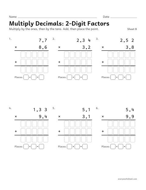 Preview of the printable “Multiply Decimals: 2-Digit Factors, sheet B” worksheet: multiplying decimals with 2-digit factors