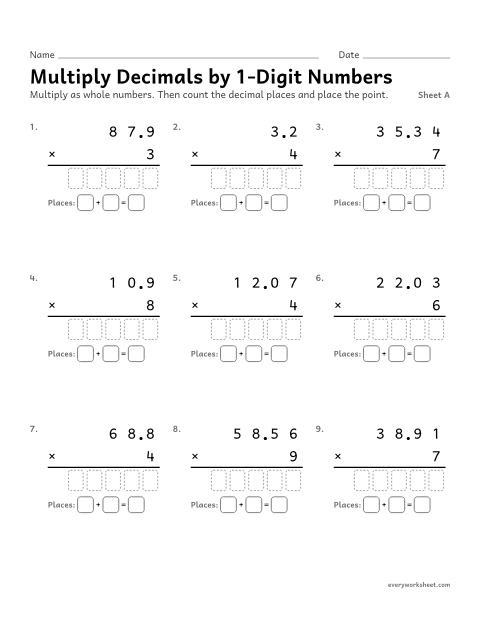 Preview of the printable “Multiply decimals by 1-Digit Numbers, sheet A” worksheet: multiplying decimals by 1-digit whole numbers