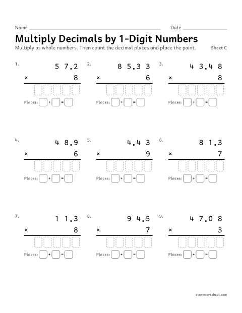 Preview of the printable “Multiply decimals by 1-Digit Numbers, sheet C” worksheet: multiplying decimals by 1-digit whole numbers