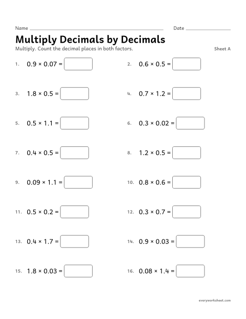 Preview of the printable “Multiply decimals by Decimals, sheet A” worksheet: multiplying a decimal by a decimal