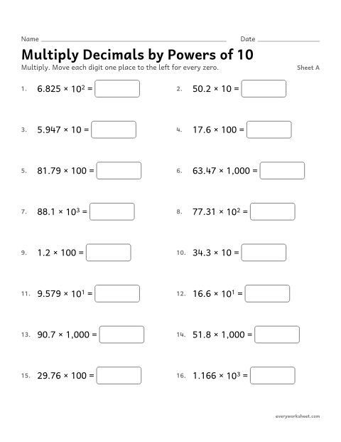 Preview of the printable “Multiply decimals by powers of 10, sheet A” worksheet: multiplying decimals by powers of 10