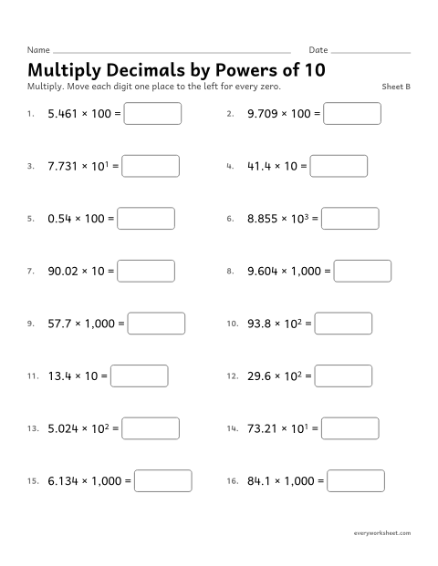 Preview of the printable “Multiply decimals by powers of 10, sheet B” worksheet: multiplying decimals by powers of 10
