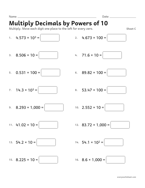 Preview of the printable “Multiply decimals by powers of 10, sheet C” worksheet: multiplying decimals by powers of 10
