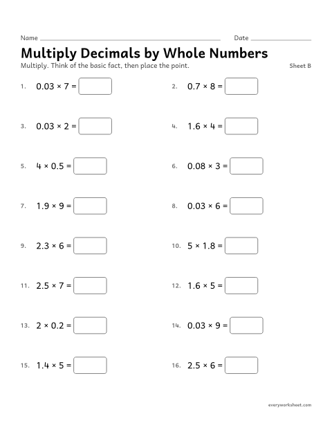 Preview of the printable “Multiply decimals by whole Numbers, sheet B” worksheet: multiplying a decimal by a whole number