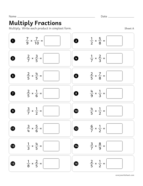 Preview of the printable “Multiply Fractions, sheet A” worksheet: multiplying two fractions less than 1: multiply the numerators, multiply the denominators, simplify